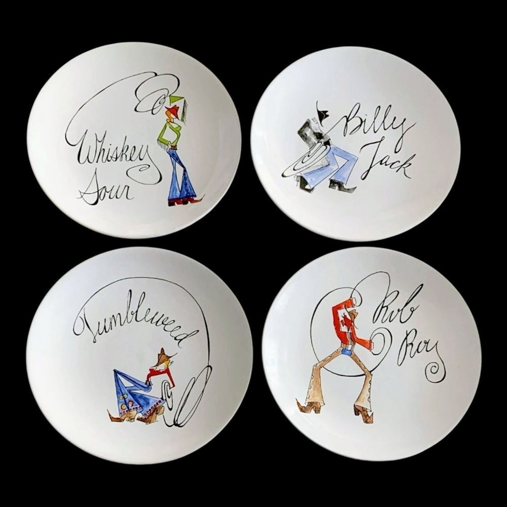 Set 4 Pottery Barn Tie One On Cocktail Appetizer Plates Rodeo Whimsical Cowboy